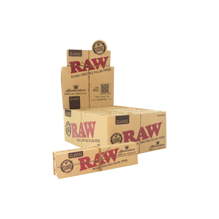 Raw Classic Rolling Paper Masterpiece King Size Slim + Pre-Rolled Tips 24Ct