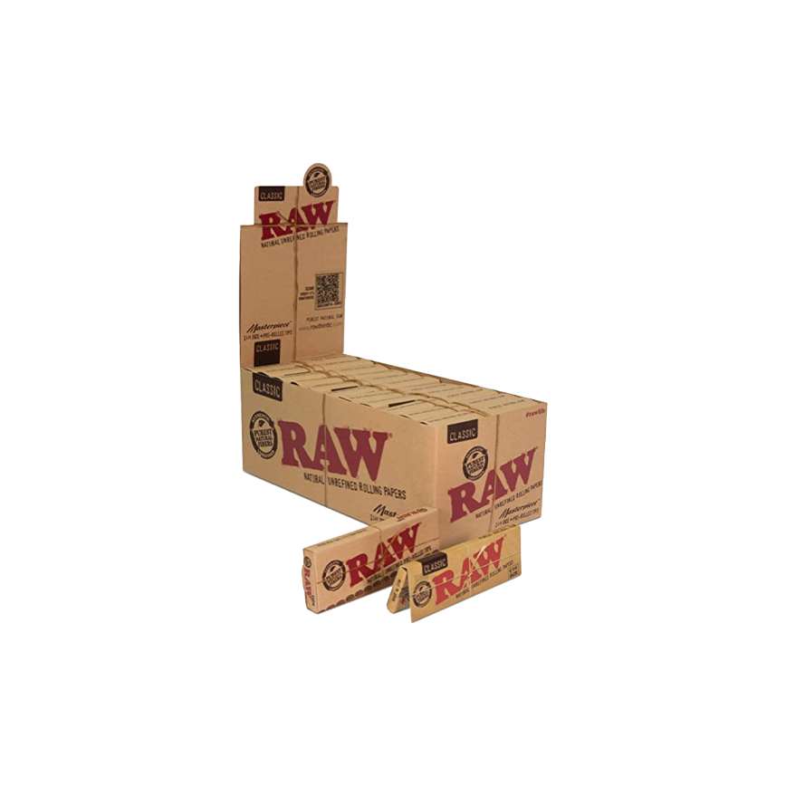 Raw Classic Unrefined Rolling Papers Masterpiece 1 1-4Size + Pre-Rolled Tip 24Ct