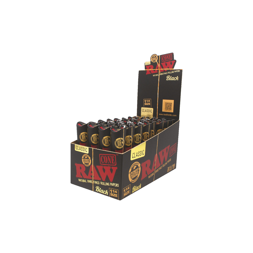 Raw Cone Classic Unrefined  Rolling Papers Black 1 1-4 Size 6-32Ct